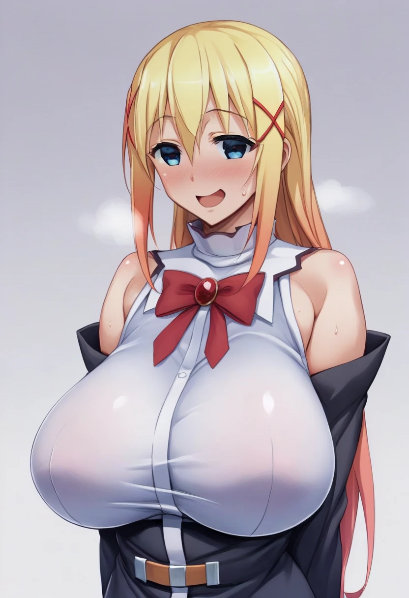 (( close、16K、Highest quality、Attention to detail、Rich skin detail, Browsing Caution、Chubby))、 (Beautiful Eyes), ((Huge breasts、Armpits、Hands behind head、Spreading her legs、Sitting、Sweat、vapor))、 ((Shirt lift、Huge nipples))、((Blonde、white high leg panties、Red ribbon))、(Cheerleader、Red short dress、Red mini skirt)、(blue eyes、Three white eyes)、((Twin tails、Long Hair、Straight hair)),  ((blush))、(Wide Hips、Thick thighs)、((((surprised、Embarrassing))))、((On stage))