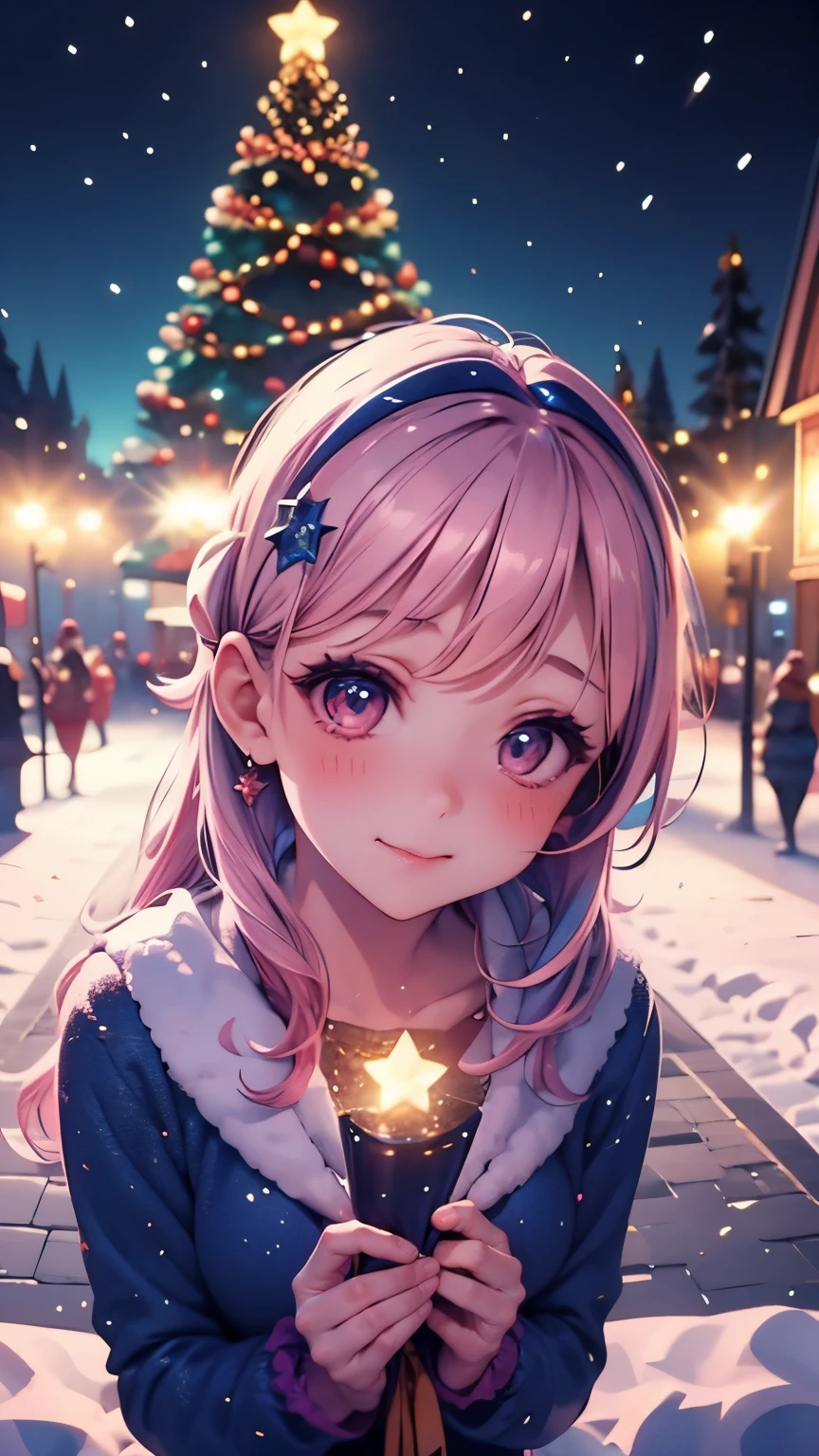 1 girl, high definition , Receives Many Awards , very detailed , blush, eyes sparkle, long eyelashes, and get out of the screen, closeup , Hair ties, star hair accessories , glitter effect , Blur, lens flare, 8k octane , Artistic, super detailed, gentle colors, soft light , snow,night, illuminations, Christmas, private clothes,Winter clothing,