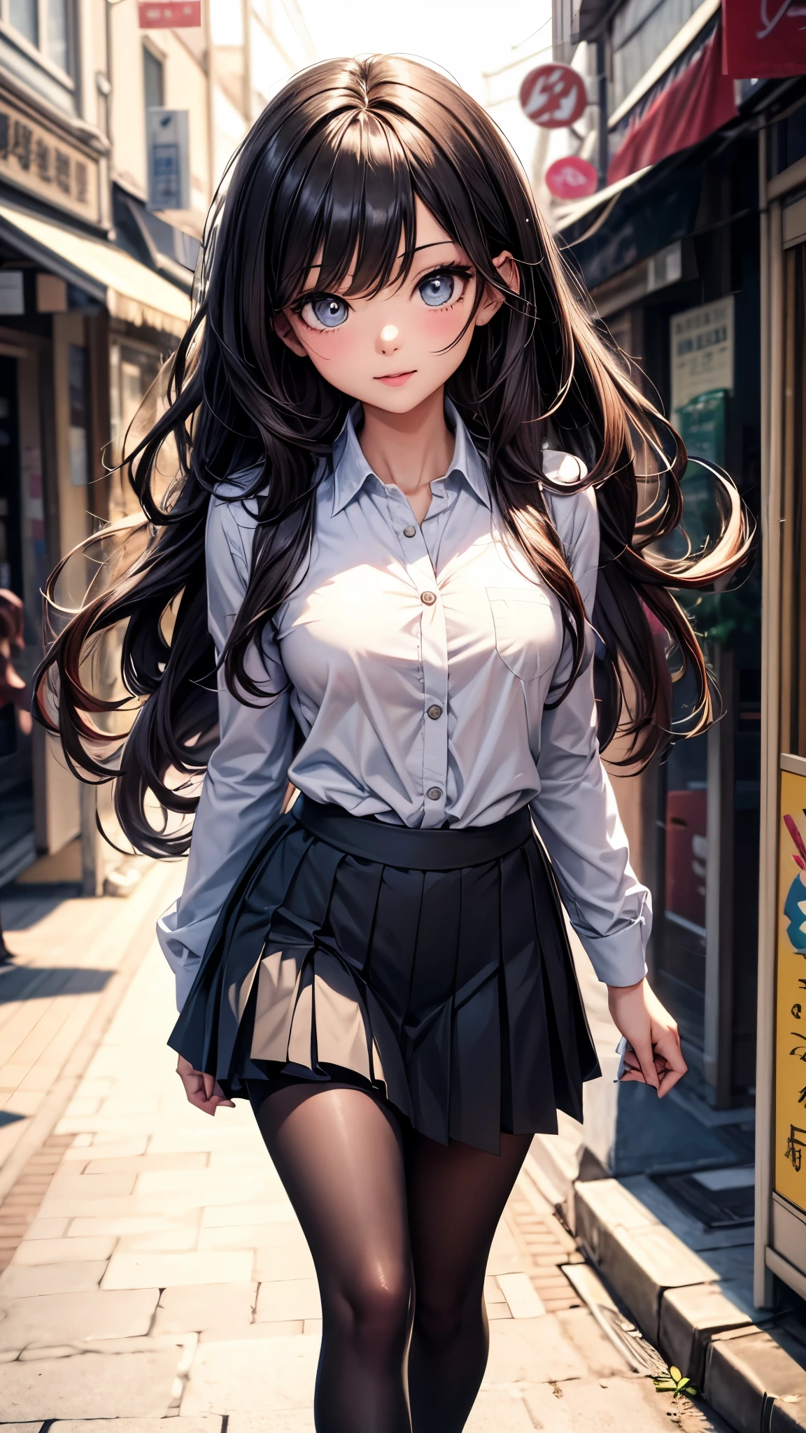 (8K, Best Quality, Masterpiece, Ultra High Resolution) 1 Girl, Woman, Beautiful Eyes, Face Details, Dark Black Hair, Long Hair, Green Eyes, Pale Skin, Black Shirt, Denim Jacket, Plaid Skirt, Cafe, Tokyo, Best Quality, Upper Body, Looking at the Viewer, Facing Viewer, Close Up