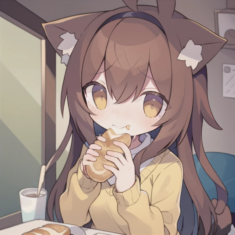 Kawaii catgirl, wearing pastel yellow sweater, Brown Hair, long hair, Cat Ears, Tongue Out, dark brown eyes, in a cute room, eating bread. 