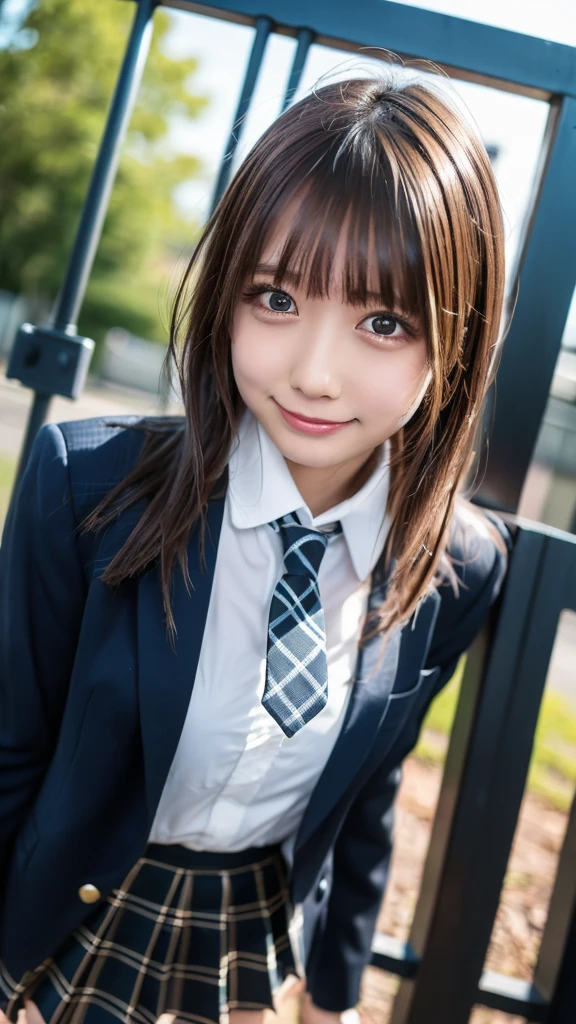 (Highest quality、8K、32k、masterpiece)、(Realistic)、(Realistic:1.2)、(High resolution)、Very detailed、Very beautiful face and eyes、２０Adult female years old、Round and small face、Tight waist、Delicate body、(Highest quality、Attention to detail、Rich skin detail)、(Realistic、Realistic:1.37)、Bright colors、(((Brown Hair)))、(((Full Body Shot)))、(((Long Hair)))、(((Side Ponytail)))、(((Daytime park background)))、(((smile)))、(((Teeth are visible)))、(((Wearing school uniform)))、(((Touch your chin with your right hand)))、Kanna Hashimoto、Navy blue blazer、high school girl、Checked mini skirt