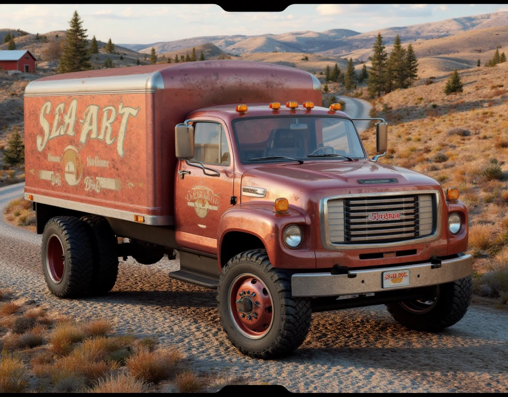 Truck in a rural area with the name ''SeaArt'' on the side