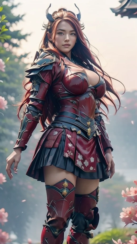 A sexy female character wearing red armor as a warrior from the Warring States period、((Medium long hair))、((Cherry red hair))、((toned body))、(glistening skin)、 tight body、((mega breasts 1.8))、 plump breasts 、 plump thighs 、The red armor engraved with azalea flower pattern is a bikini-type design that emphasizes the exposed breasts、( Wearing a cape with azalea flower pattern)、garter skirt
、White shin guards engraved with azalea flowers、Red high-cut underwear、Red tights、 absolute domain、(())、((acrobatic pose))、Dramatic lighting、A glorious hill with the rising sun、Big Asahi 、((Azalea flowers in full bloom are blooming in the background))、((Large azalea flowers in full bloom are blooming on the front))、 cinema-like scene 、((Background Japanese Satuki azalea)) 、((foreground　Japanese Satuki azalea))、 Max Image、 Ultra High Definition、8k