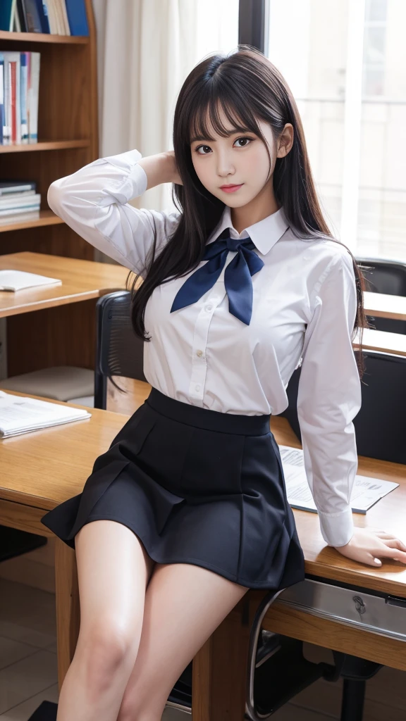 Best Quality、High resolution、A beautiful high school girl spreads her legs to show off her pussy、Long Black Hair、Firm breasts、Student Uniform,Blue collared long sleeve shirt、mini skirt、Great style、nsfw, sitting on desk, legs wide open:1.5, Pussy:1.5, Detailed Pussy:2.0、The shirt and skirt don&#39;t go together、The correct structure of the human body