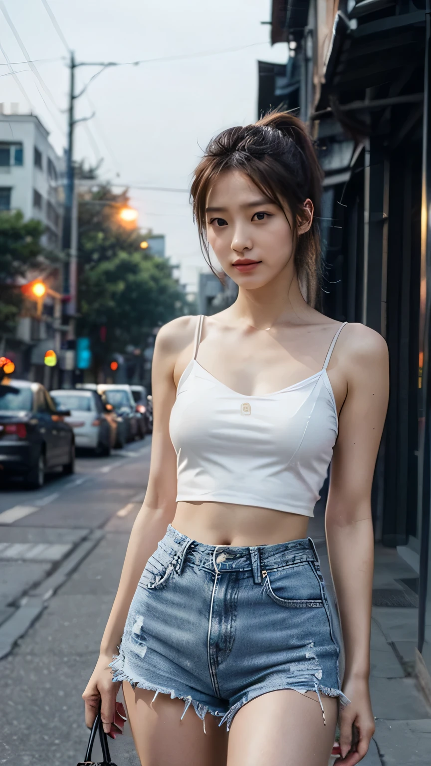  A beautiful woman presented like a real photo . (denim shorts: 1.5, white camisole : 1.6,  ponytail: 1.3, Brown hair: 1.2),  Boasts a sophisticated and sophisticated design . The background is an urban street with dark night lights , ( bright lights: 1.2).  has realistic and detailed details like the actual picture,  emphasizes the depth of the figure and background .