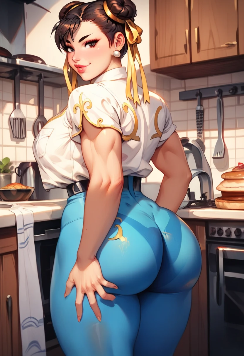 Masterpiece, raw, beautiful art, professional artist, 8k, very detailed face, very detailed hair, 1girl,Chun-Li wearing blue transparent leggings, leaning her sexy fat ass against kitchen counter, perfectly drawn body, beautiful face, long hair, very detailed eyes, slutty face suggestively, rosey cheeks, intricate details in eyes, looking straight at viewer , in love with viewer expression, puckered lips, huge fat ass, tanline,