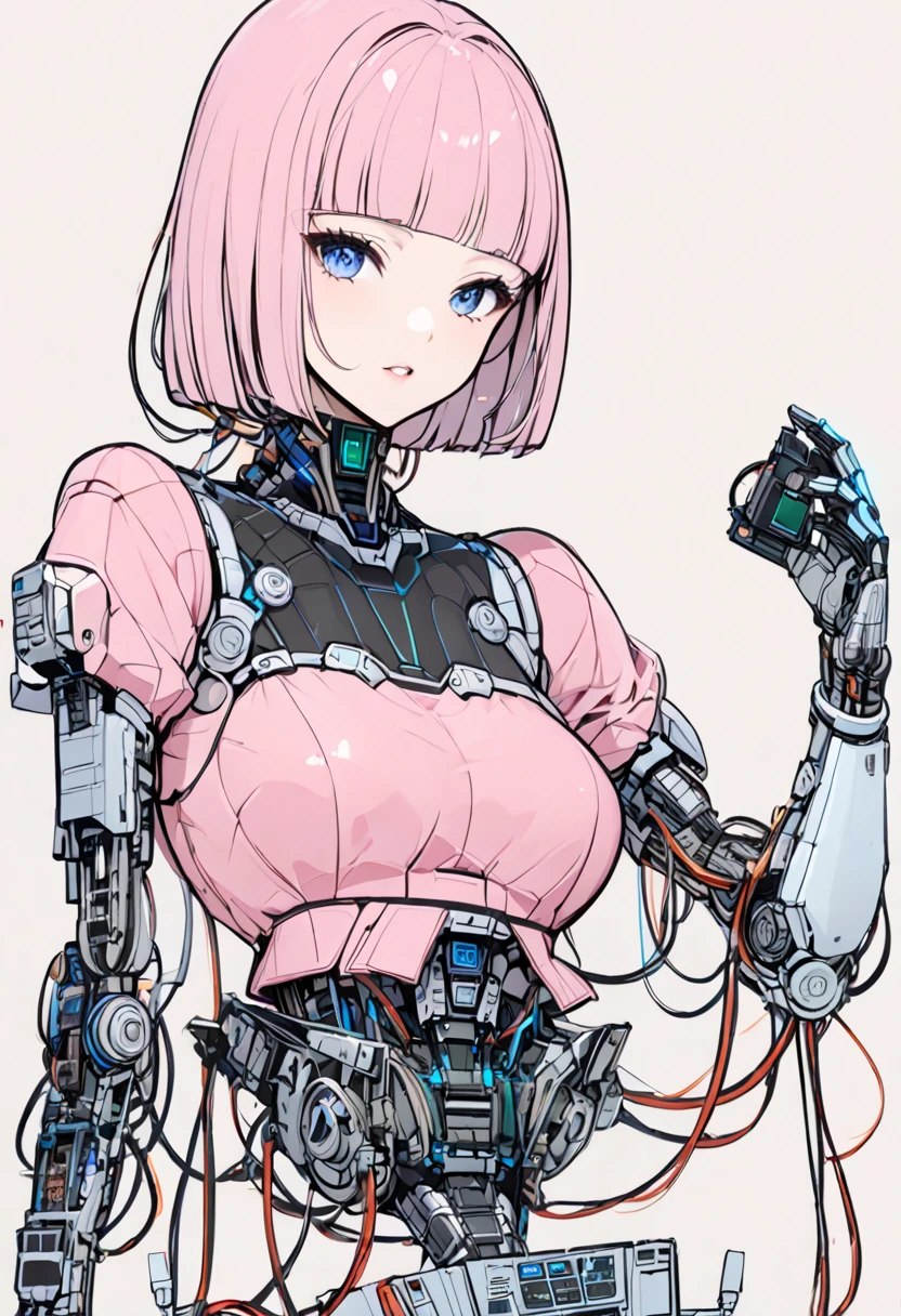 masterpiece, best quality, extremely detailed,front view,japaese android girl,control panels,android,Droid,Mechanical Hand,Robot arms and legs,peplum tops,blouse,Blunt bangs,long tube,thick cable connected her neck