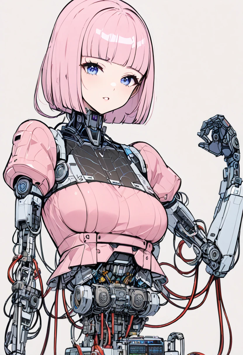 masterpiece, best quality, extremely detailed,front view,japaese android girl,control panels,android,Droid,Mechanical Hand,Robot arms and legs,peplum tops,blouse,Blunt bangs,long tube,thick cable connected her neck