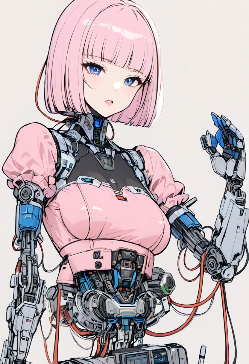 masterpiece, best quality, extremely detailed,front view,japaese android girl,control panels,android,Droid,Mechanical Hand,Robot arms and legs,peplum tops,blouse,Blunt bangs,long tube,thick cable connected her neck