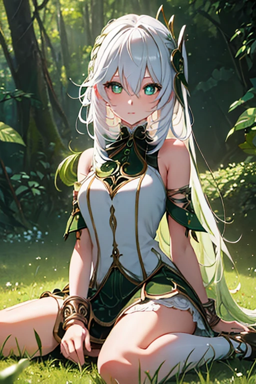 (ceres fauna:1.2), yellow eyes, green hair, white hair flowers, one side up, medium hair, tiny antlers, add_detail:1, , slender, 1girl, outdoors, posing, forest