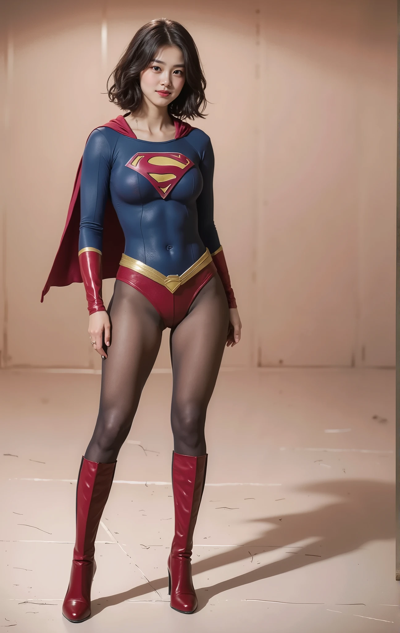 No background、She always has her mouth open、She always has a sad look on her face、Always close your eyes、(((Beautiful legs in black tights.)))、(((Stretch your legs、expensive、Showing a beautiful smile)))、((((Make the most of your original images)))、(((Supergirl Costume)))、(((Beautiful Short Hair)))、(((Suffering face)))、(((Black tights legs、Wear red boots)))、((Best image quality、8k))、((Highest quality、8k、masterpiece:1.3))、(((Preserve background )))、Sharp focus:1.2、Beautiful woman with perfect figure:1.4、Slim Abs:1.2、Wet body:1.5、Highly detailed face and skin texture、8k