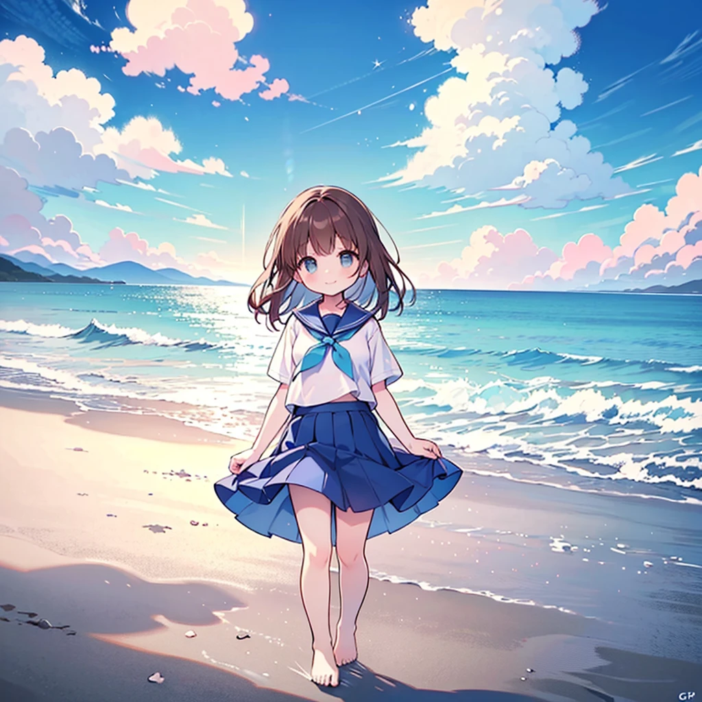 ((( super detailed,  Highly Detailed CG, masterpiece,  High Quality , 4K,  high definition , sharp concentration,Calm and beautiful sea , anime style illustration ))),(Alone:2), cute, smiles,(An elementary school-aged girl is standing on the beach:1.4),Blue and white sailor suit ,Short sleeve, Longer Skirt ,( slightly bulging breasts:1.2),Tempting, Clear Skin,barefoot, long hair,Neat hair,Brown Hair,Light wind , White Clouds ,blue sky, watching viewers , shy 