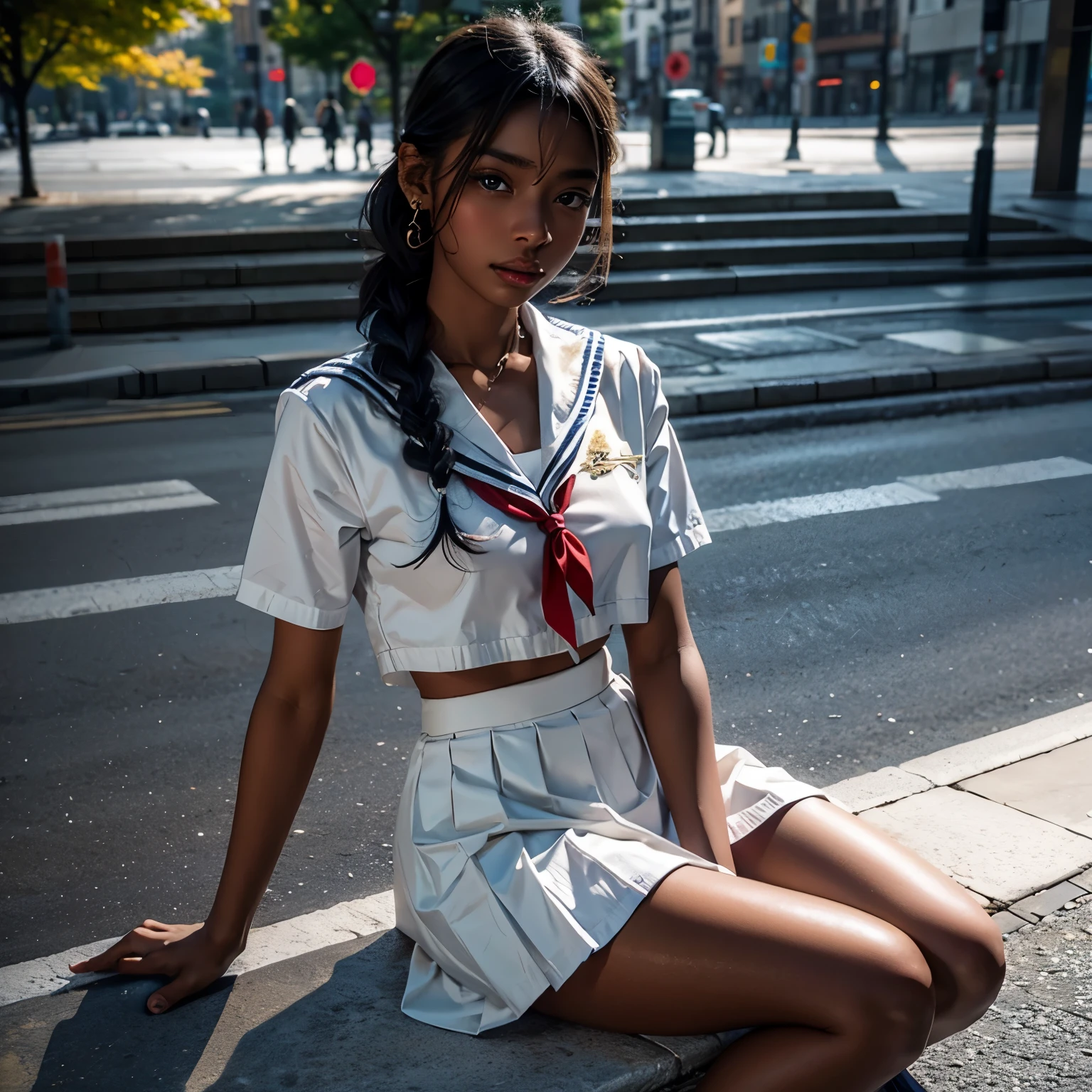 1 girl, high definition ,  High Quality ,  Masterpiece  , white sailor suit, red ribbon,  braided ,Super beautiful girl,dark skin, enchanting face 、 Highly Detailed Faces、 perfect face、golden balance,Professional photography,In the city, mini pleated skirt to hide crotch, is sitting on the ground

