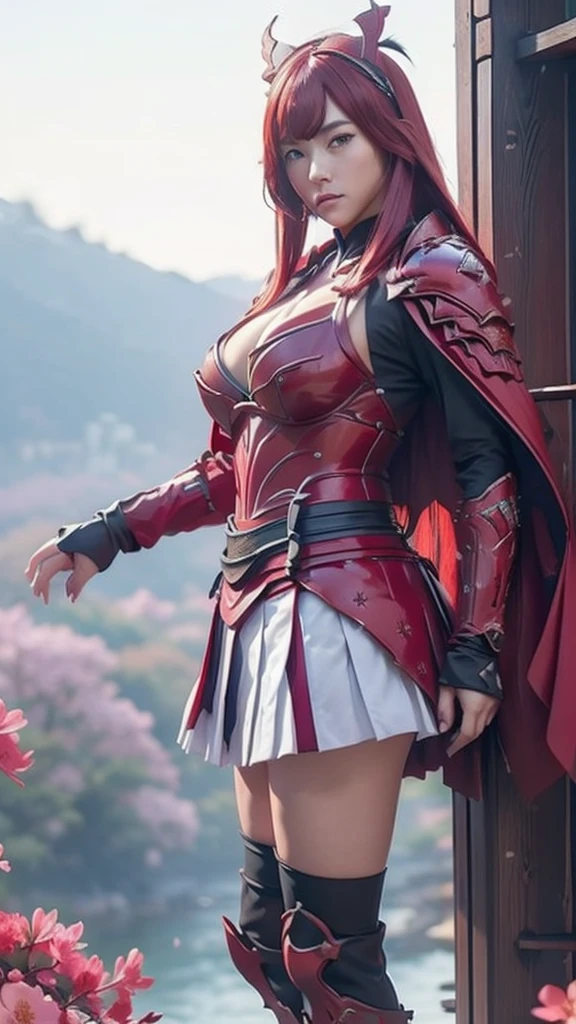 A sexy female character wearing red armor as a warrior from the Warring States period、((Medium long hair))、((Cherry red hair))、((toned body))、(glistening skin)、 tight body、((mega breasts 1.8))、 plump breasts 、 plump thighs 、The red armor engraved with azalea flower pattern is a bikini-type design that emphasizes the exposed breasts、( Wearing a cape with azalea flower pattern)、garter skirt
、White shin guards engraved with azalea flowers、Red high-cut underwear、Red tights、 absolute domain、(())、((acrobatic pose))、Dramatic lighting、A glorious hill with the rising sun、Big Asahi 、((Azalea flowers in full bloom are blooming in the background))、((Large azalea flowers in full bloom are blooming on the front))、 cinema-like scene 、((Background Japanese Satuki azalea)) 、((foreground　Japanese Satuki azalea))、 Max Image、 Ultra High Definition、8k