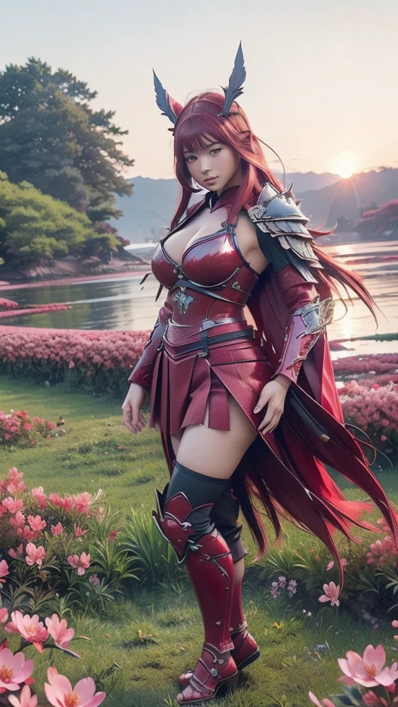 A sexy female character wearing red armor as a warrior from the Warring States period、((Medium long hair))、((Cherry red hair))、((toned body))、(glistening skin)、 tight body、((mega breasts 1.8))、 plump breasts 、 plump thighs 、The red armor engraved with azalea flower pattern is a bikini-type design that emphasizes the exposed breasts、( Wearing a cape with azalea flower pattern)、garter skirt
、White shin guards engraved with azalea flowers、Red high-cut underwear、Red tights、 absolute domain、(())、((acrobatic pose))、Dramatic lighting、A glorious hill with the rising sun、Big Asahi 、((Azalea flowers in full bloom are blooming in the background))、((Large azalea flowers in full bloom are blooming on the front))、 cinema-like scene 、((Background Japanese Satuki azalea)) 、((foreground　Japanese Satuki azalea))、 Max Image、 Ultra High Definition、8k