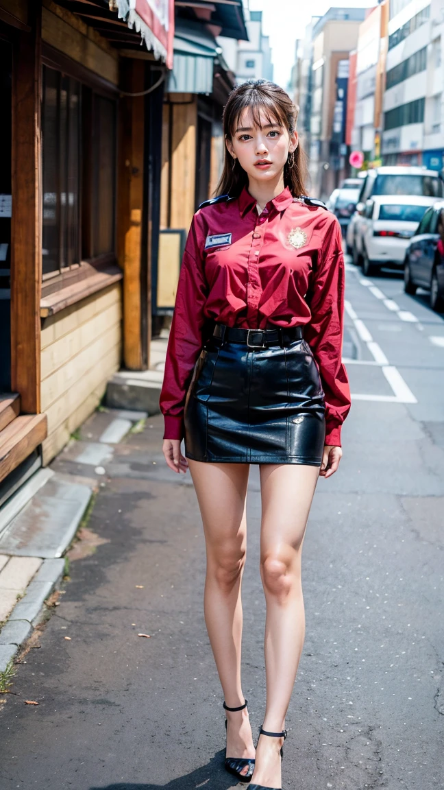 beautiful Japanese woman, 22 years old, perfect anatomy, healthy thighs, beautiful legs, beautiful skin, random hair color, random hairstyle, large breasts, female police officer, (Japanese police uniform:1.3), (miniskirt:1.3), (she is standing:1.2), full body shot, high heels, city street, (best quality, 4k, 8k, highres, masterpiece:1.3), (extremely detailed:1.2), Haruka Ayase