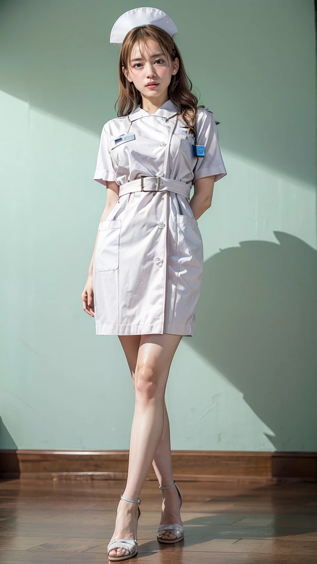 a beautiful young 24-year-old Japanese woman, beautiful, detailed anatomy, beautiful skin, random hair color and hairstyle, big breasts, nurse hat, (nurse uniform:1.3), nurse cap, (she is standing:1.2), full body shot, high heels, hospital, (best quality,8k, masterpiece:1.3), (extremely detailed:1.2), Haruka Ayase