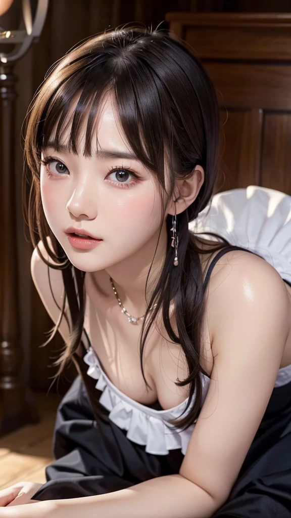 NSFW, 8k, High-level, absurd, masterpiece, best quality, primitive, very detailed CG, very detailed wallpaper, perfect lighting, Extremely detailed (((The personifying " Girl with a Pearl Earring " as a Little Girl))), MysticSight, Tyndall effect, Tyndall scattering, Studio gray background with (many Dazzling RainbowColor particles BokeH:1.28), (RoundlyButts, ThighGap), (Exposed:0.4), (Assfocus with looking ahead), BREAK (NOGIZAKA face variations) Extremely Detailed very KAWAII face variations, perfect anatomy, Childish, captivating gaze, elaborate detailed Eyes with (sparkling highlights:1.28), long eyelashes、Glossy RED Lips with beautiful details, Coquettish tongue, Rosy cheeks, Radiant PearlSkin with clear transparency . { (Dynamic LifeLike expressions:1.4) | :d) }, (large eyes:-1) .