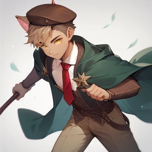  adult cat with grayish short hair ,  brown short hair , with yellow eyes,  with thin eyebrows and pink inner ears with a black tip.
 he wears a brown beret ,  green cloak with red tie ,  light brown pants and dark brown moccasins .