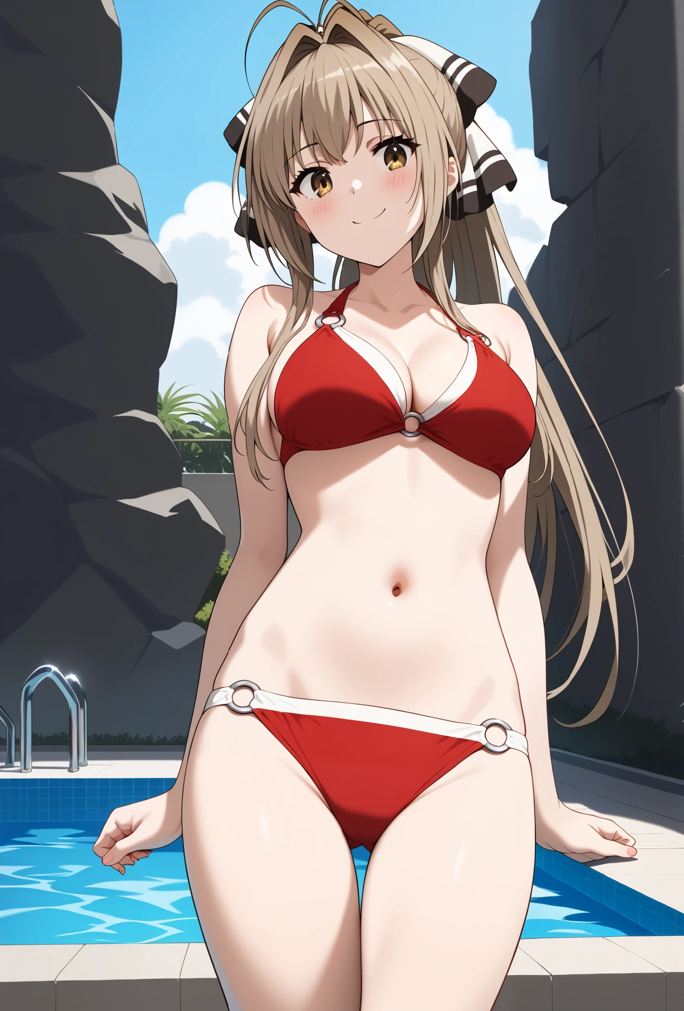  source_anime, aaisuzu,  long hair,  brown hair , Antenna Hair,  ponytail,  hair bow,  Brown Eyes , chest,  clevis on a stone, O-ring bikini,  red bikini,  Cowboy Shots, Pool,  embarrassing, Red cheeks,  bright smile,  Sexy Poses ,  score_9,  score_8_superior,  score_7_superior, (best quality:1.2), masterpiece,  high quality , full color, 8k,  high definition ,  natural makeup,  front light 