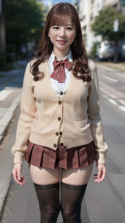 full body shot, from below,  japanese mature,  detailed face , smile,  Detailed Skin Textures ,  white skin,  heavy makeup,  long hair, (curvy body,  plump thighs:1.3), (earrings, red bowtie,brown cardigan,red skirt,pleated skirt,micro miniskirt:1.2), (black thighhighs,  wearing high heels:1.2), ( full body shot from toe to head wearing black high heels, Standing on the sidewalk:1.2), ( surrealism, best quality, ultra detailed, absolutely resolution, 8k, anatomically correct), depth of field, looking at viewer, (Artist),  detailed face , full body, A mature woman is cosplaying
