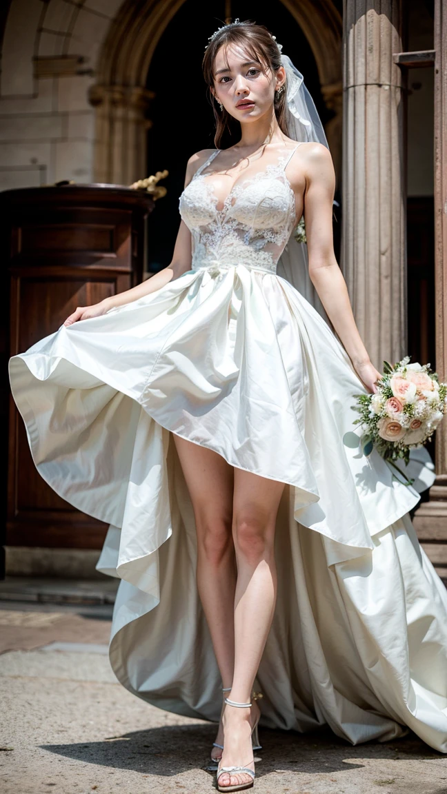 A beautiful young Japanese woman, 26 years old, with healthy thighs, beautiful legs, flawless skin, random hair color and style, large breasts, wearing a (wedding dress:1.3), (she is standing:1.2), full body shot, high heels, holding a bouquet in her hands, in a church setting, (best quality,8k, masterpiece:1.3), (extremely detailed:1.2), perfect anatomy, Haruka Ayase