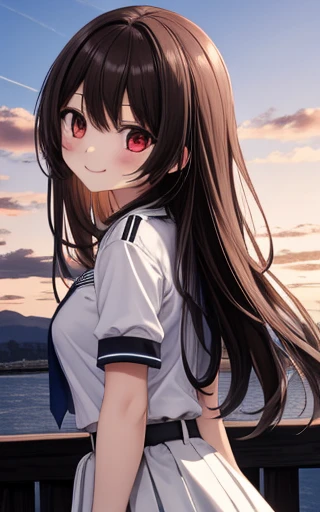 (  Masterpiece  : 1.3),  one girl, Alone, 最 High Quality ,  High Quality , Calories ,  brown hair ,  long hair,  One side up, big_chest, uniform, red eyes, walk, Back Arms , smile. sunset、 black hair long hair,bigchest、