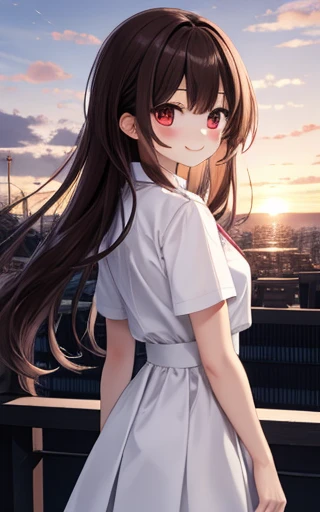 (  Masterpiece  : 1.3),  one girl, Alone, 最 High Quality ,  High Quality , Calories ,  brown hair ,  long hair,  One side up, big_chest, uniform, red eyes, walk, Back Arms , smile. sunset、 black hair long hair,bigchest、