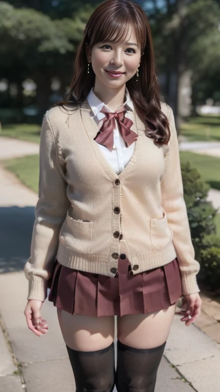 full body shot, from below,  japanese mature,  detailed face , smile,  Detailed Skin Textures ,  white skin,  heavy makeup,  long hair, (curvy body,  plump thighs:1.3), (earrings, red bowtie,brown cardigan,red skirt,pleated skirt,micro miniskirt:1.2), (black thighhighs,  wearing high heels:1.2), ( full body shot from toe to head wearing black high heels,  standing in the park:1.2), ( surrealism, best quality, ultra detailed, absolutely resolution, 8k, anatomically correct), depth of field, looking at viewer, (Artist),  detailed face , full body, A mature woman is cosplaying 