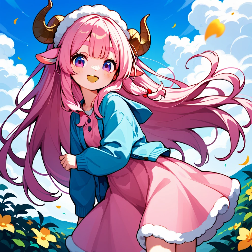 score_9, score_8_up, score_7_up, source_anime, (masterpiece:1.3, best quality:1.3, 8k,  highres icon:1.3, good anatomy), 1girl, white beard :1.5, Santa's Beard :1.5,  pink fluffy long hair\ Fluffy Long Hair, Sheep&#39;s round horns, Thick eyebrows, smile,  Pink Dress ,  sky blue cardigan ,  brown boots ,  cute BREAK Alphonse Mucha background:1.5