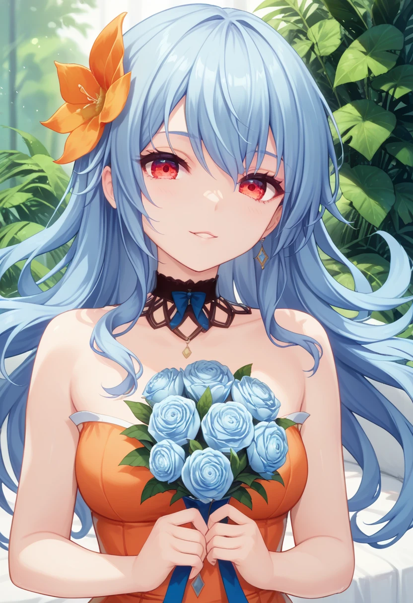 Rocbouquet　blue hair　long hair　red eyes　orange dress　hair flower　ローアングル　