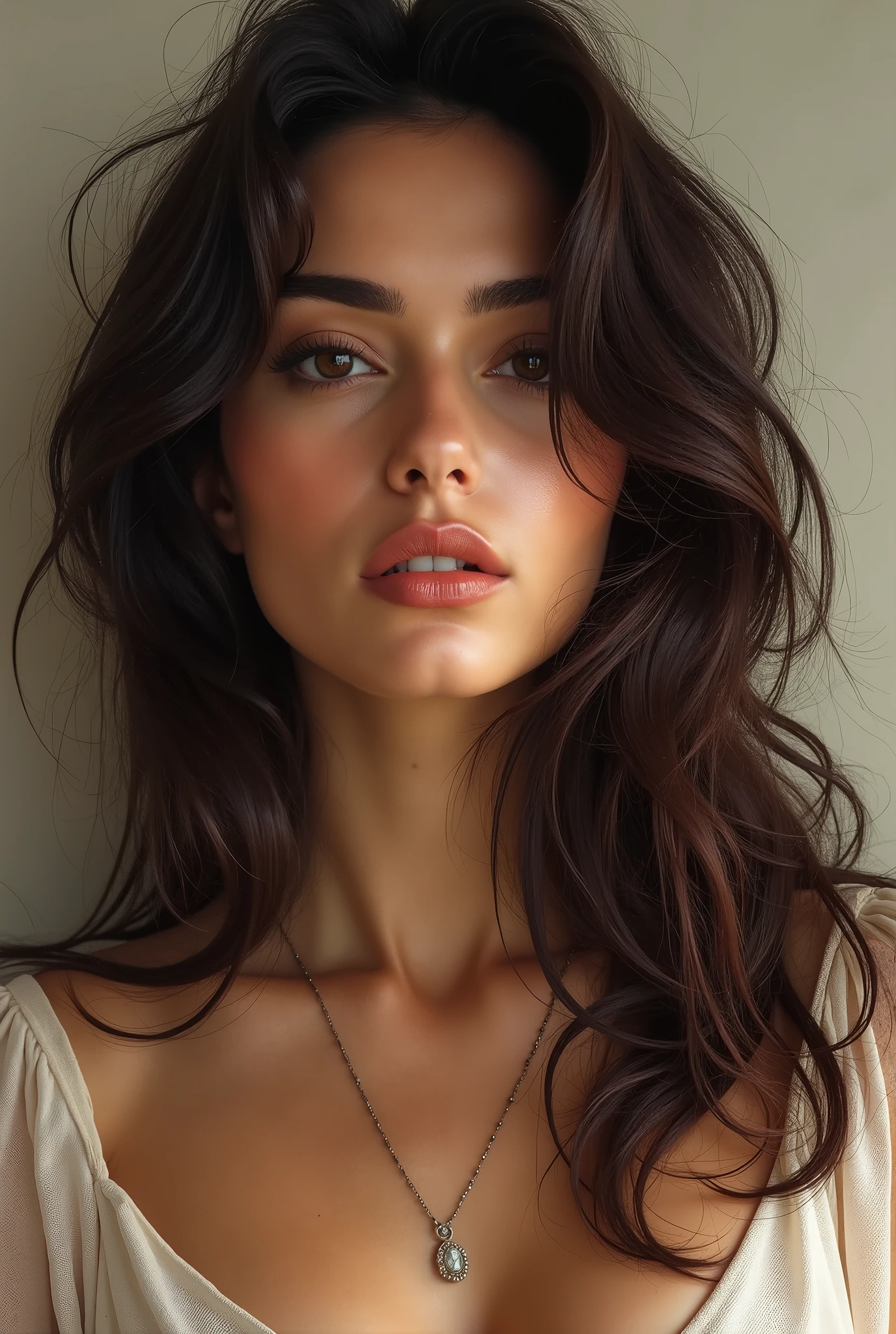 Arafed woman with long dark hair and a necklace on her neck - SeaArt AI