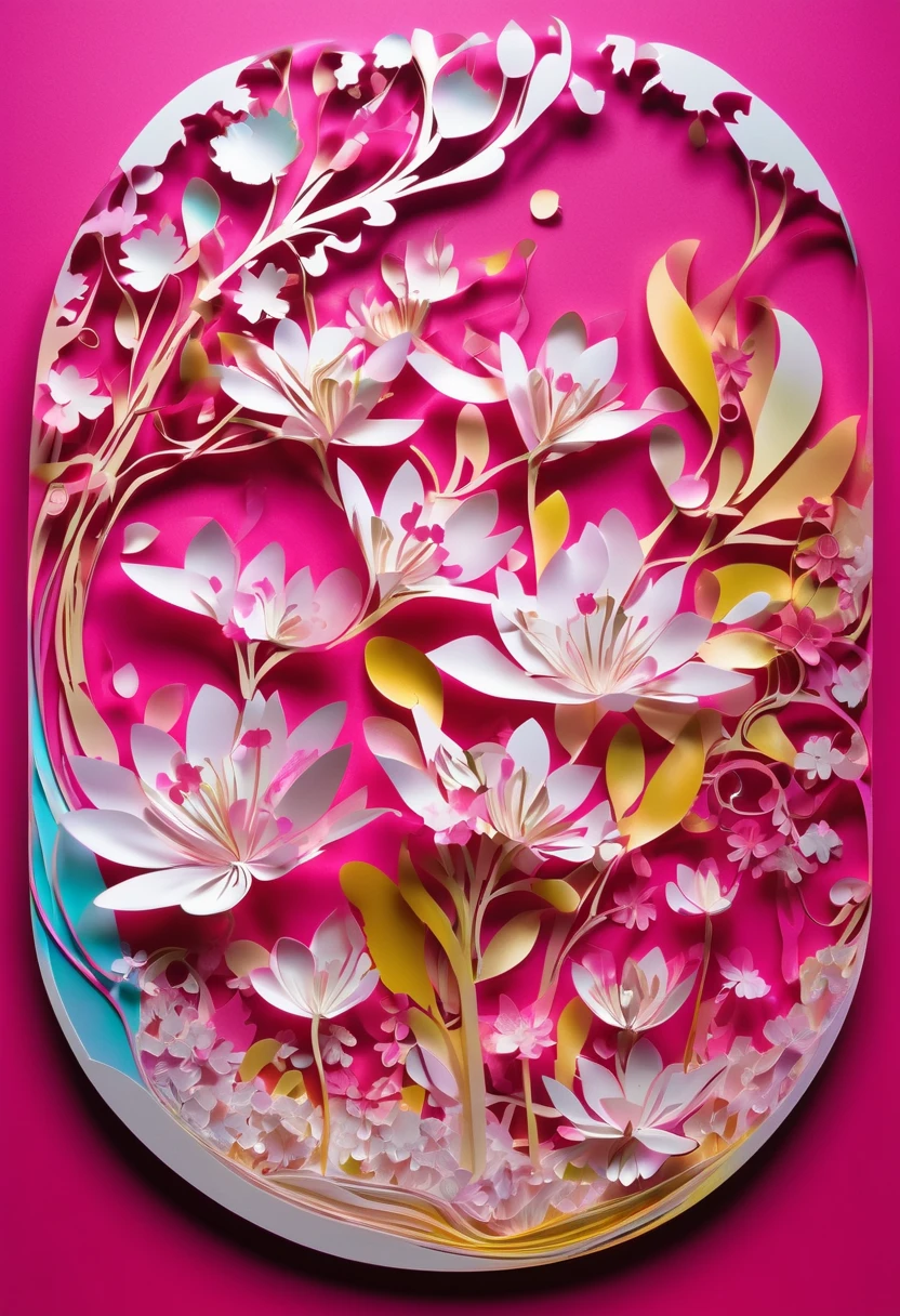 lily and cherry blossom petals created through a fusion of paper cutting and shadow art, iridescent soap bubbles raining from the sky and gushing out of the ground, bold and dynamic, contrasts of light and shadow, 2.5D, artistic images art, ultra detailed, absolutely resolution, masterpiece