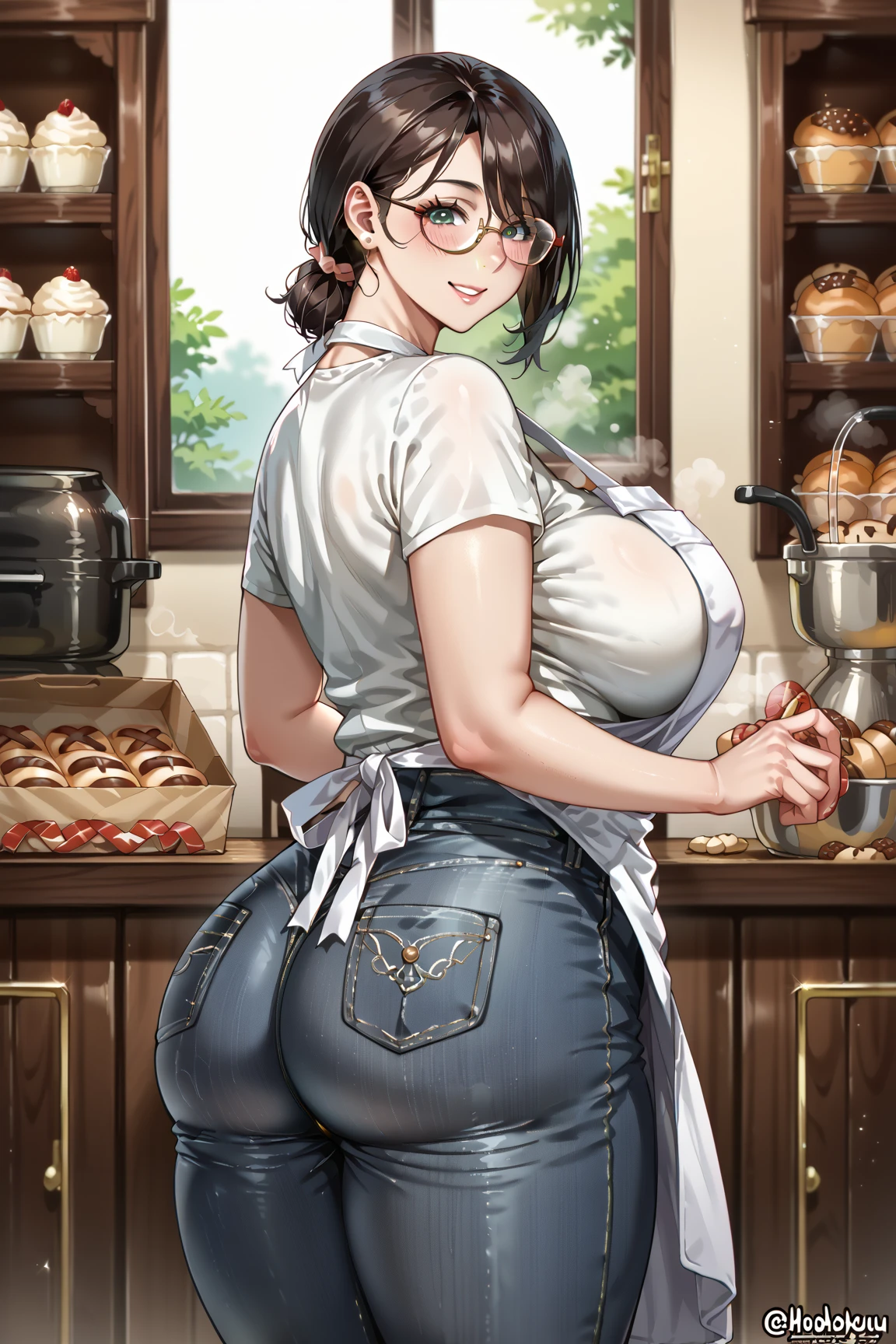  score_9,  score_8_up,  score_7_up, Anatomically Correct 、Accurate human body solo , mature woman 、40s、Bakery clerk、 ridiculously big breasts、 very big butt、 plump 、 chubby、Smile、Glasses、 shirt 、jeans、 white apron、thickass、 composition from the front、Inside the bakery、thickass、mature female, milf, motherly
