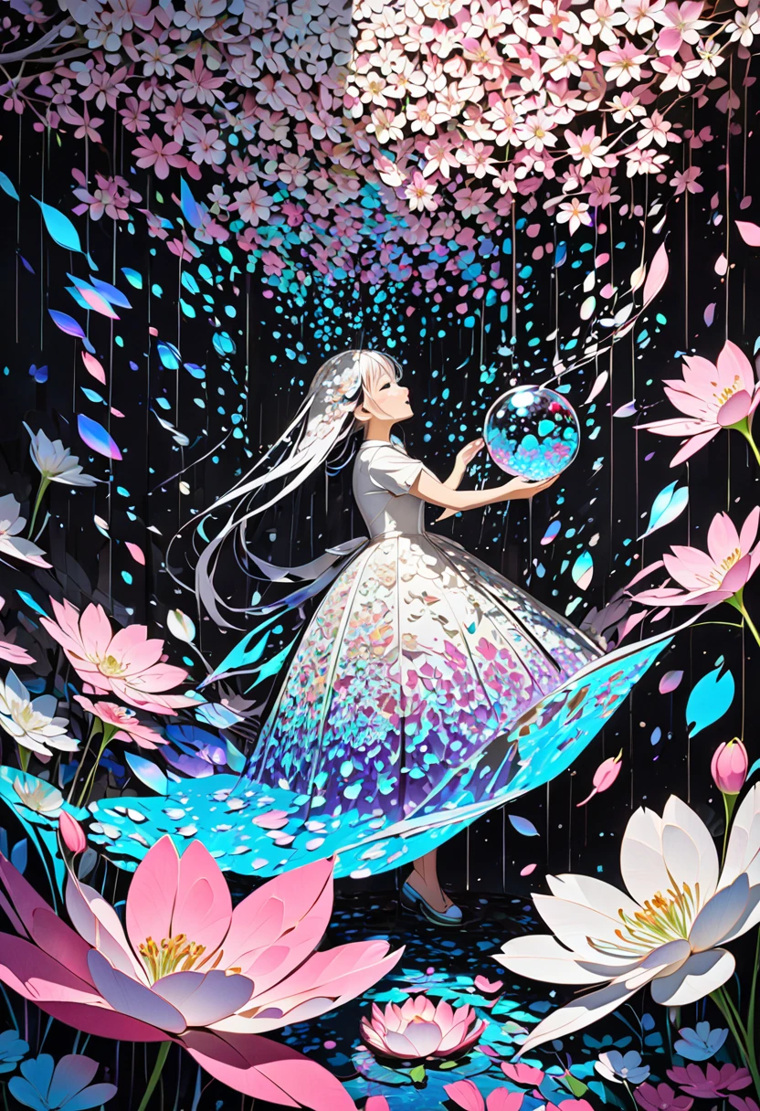 lily and cherry blossom petals created through a fusion of paper cutting and shadow art, iridescent soap bubbles raining from the sky and gushing out of the ground, bold and dynamic, contrasts of light and shadow, 2.5D, artistic images art, ultra detailed, absolutely resolution, masterpiece