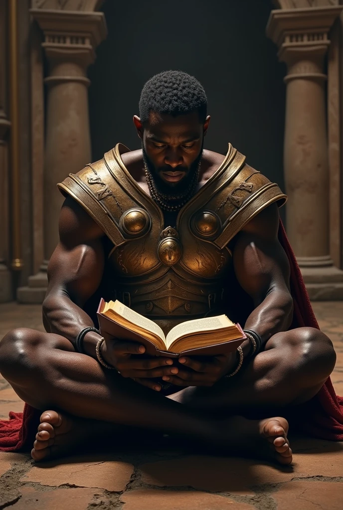 A bald, dark-skinned, egyptian-style, very muscular mage controlling a magically floating tome open, directly in-front of him and glowing magically glowing rune tattoos