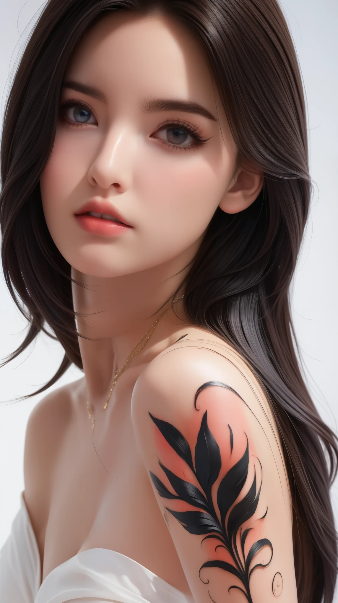 Game Art，Best image quality，Maximum resolution，8k，(A bust photo)，(portrait)，(Head close-up)，(Rule of Thirds)，Unreal Engine 5 rendering works，20 year old girl，((Queen))，The eyes are very detailed，(Large Breasts)，Elegance and nobility，Movie Lighting，Ray Tracing，Game CG，((3D Unreal Engine))，OC rendering reflection mode，4K，Ultra-clear，Sensual，Translucent lace，Fair and plump figure，Pretty Face，Glossy Gel Coat，Queen in a luxurious gown，Crystal Gem Crown，Necklace jewelry，blue eyes，Black tattoo(whole body)，The tattoo is very three-dimensional，Gorgeous and intricate tattoo designs，Ultra-clear portrait，Sexy thick lips(Red lipstick)，The body has a tattoo