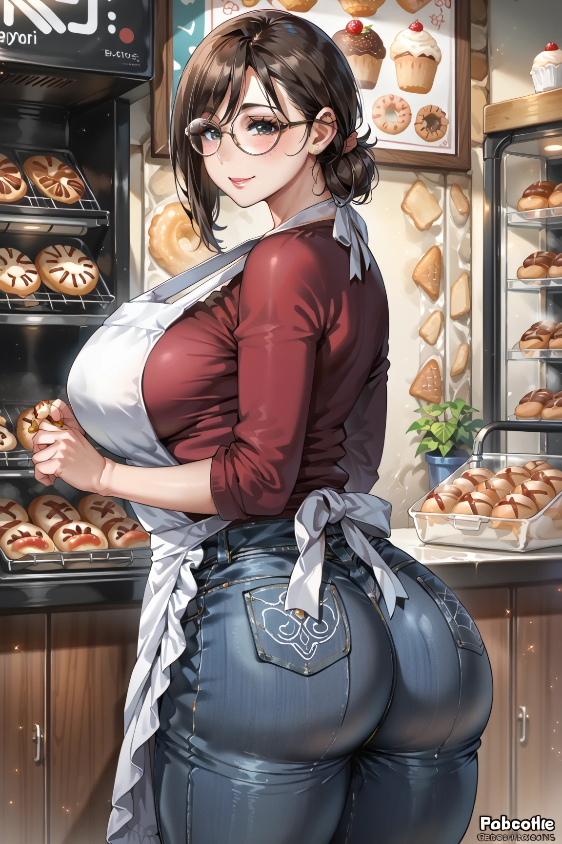  score_9,  score_8_up,  score_7_up, Anatomically Correct 、Accurate human body solo , mature woman 、40s、Bakery clerk、 ridiculously big breasts、 very big butt、 plump 、 chubby、Smile、Glasses、 shirt 、jeans、 White Apron 、CASQUETTE、 composition from the front、Inside the bakery、thickass、mature female, milf, motherly
