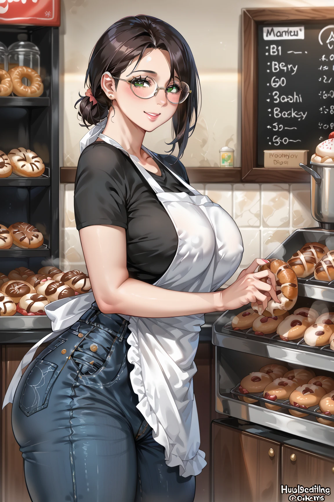  score_9,  score_8_up,  score_7_up, Anatomically Correct 、Accurate human body solo , mature woman 、40s、Bakery clerk、 ridiculously big breasts、 very big butt、 plump 、 chubby、Smile、Glasses、 shirt 、jeans、 White Apron 、CASQUETTE、 composition from the front、Inside the bakery、thickass、mature female, milf, motherly
