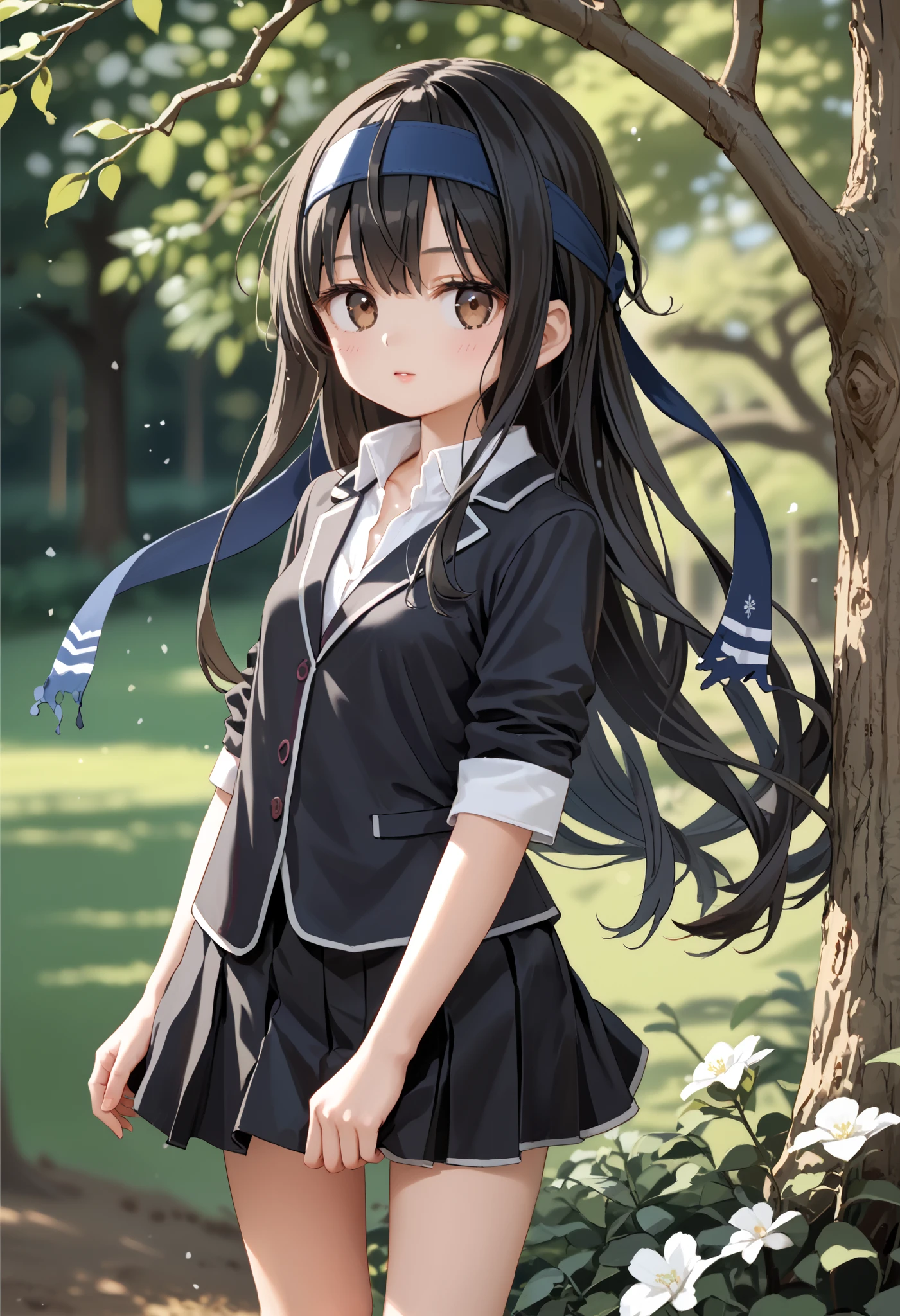  score_9, score_8_up, score_7_up, source_Anime, Cowboy Shots, idealized form, natural light,  detailed background,blurry background, very detailed, 1 girl,(),first frost ( kancoll), Brown Eyes ,(left(white)right(green)) headband behind a tree,(black)long hair,(low)hair,(black)hair,small breasts,( smaller), shirt, blazer,black skirt, Single Thigh High , Three Views, Front, back and side,whole body, simple background,