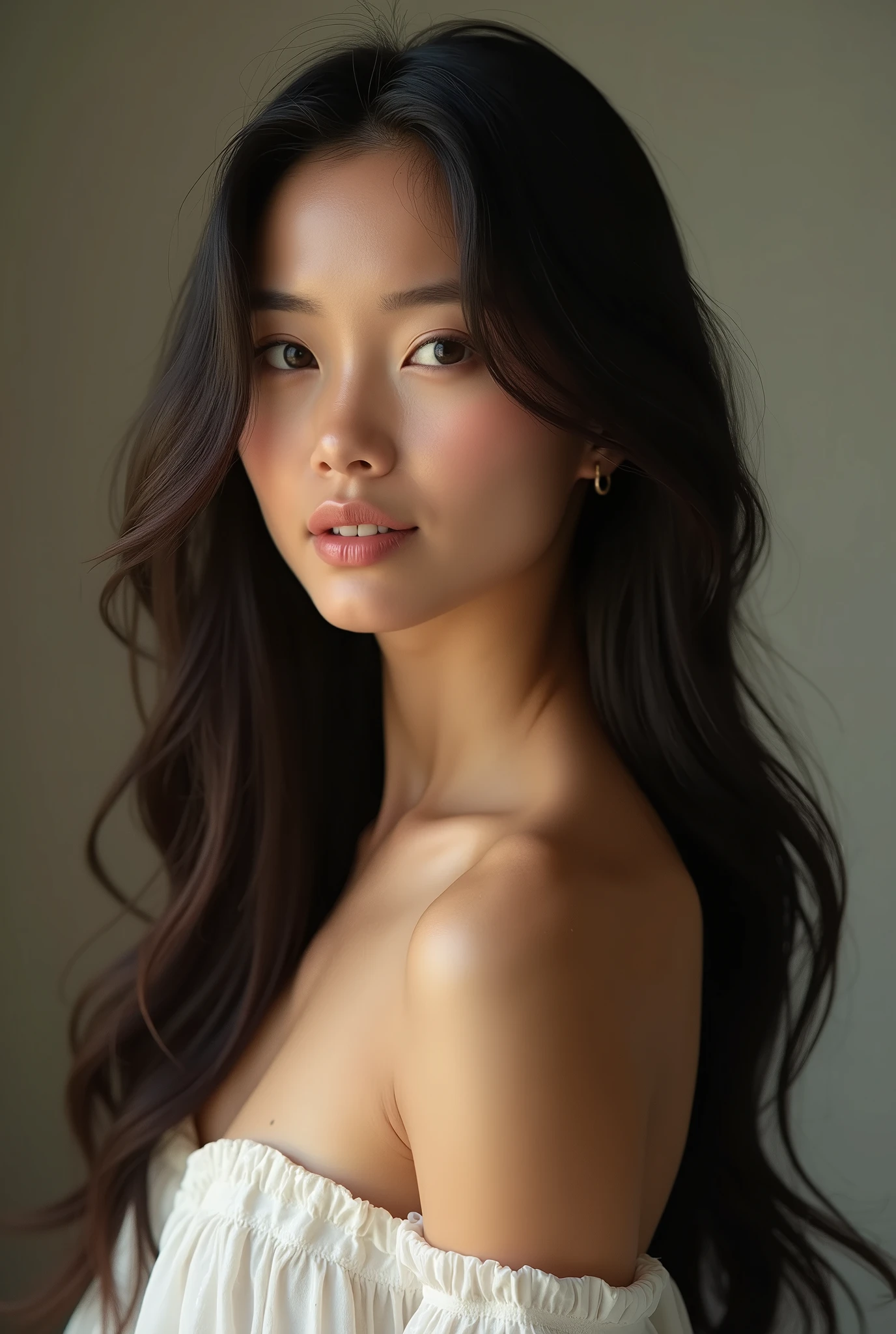 ((Beautiful)+nerd:0.8+cute:0.9) asian_woman, 18_years_woman, young_facial_feautures, (short_head:1.5 round_face:1.5), long_hair straight_hair (black_hair:1), symmetric_eyes:1 monolid_eyes:1 large_eyes:1.2 short_eyes:1.2 eye_wings:0.8 brown_eyes:1.5 mahogany_brown_eyes:1, double_eyelid:0.8, small_eyebrows:1.5 rounded_eyebrows:1.3, (tanned_skin:1.3), european_nose:1 delicate_nose:1.2, young_gorgeous_woman, feminine_cheeks large_cheeks:1.3 round_cheeks:1.2 cheek_dimples:0.9, small_lips:1.4 pink_lips:0.9, most_beautiful_woman (1Woman:1.5, (Masterpiece, 8K, best quality, highres:1.5), (three_quarter_shot:1.5, looking_at_viewer:1.5, body_looking_at_viewer:1.5), white_photoshoot:1, white_room:1, white_backdrop:1.5, standing, neutral_body_posture:1.5, (neutral_facial_expression:1.5, closed_lips:1), wearing white_strapless_mini_dress), slender_body:1, short_body:1, (big breasts:1.3)