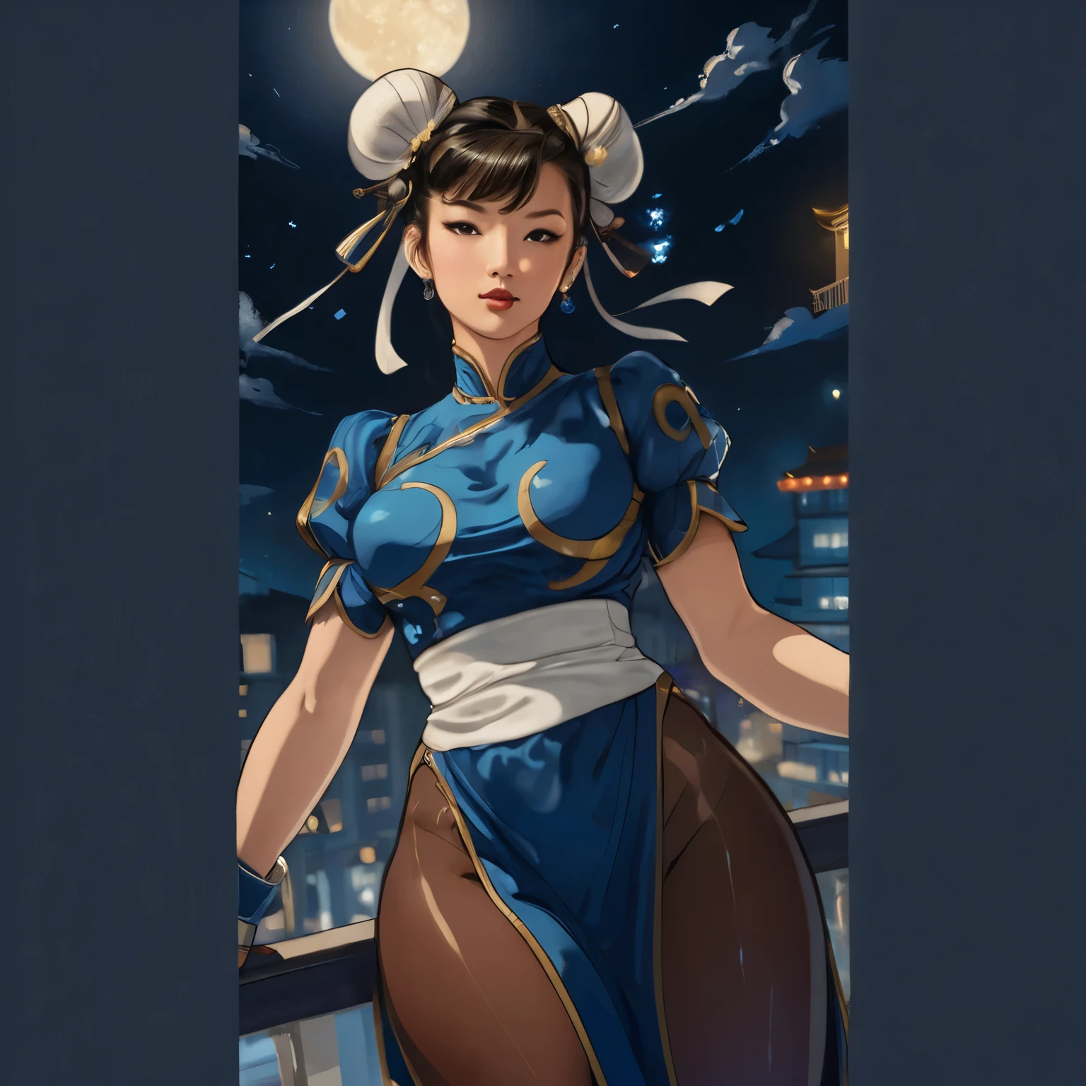 a woman in a blue dress standing on a balcony at night, portrait of chun - li, portrait of chun li, chun-li, chun - li, chun li, chun li at the gym, extremely detailed artgerm, inspired by Leng Mei, style artgerm, artgerm and atey ghailan, inspired by Pu Hua