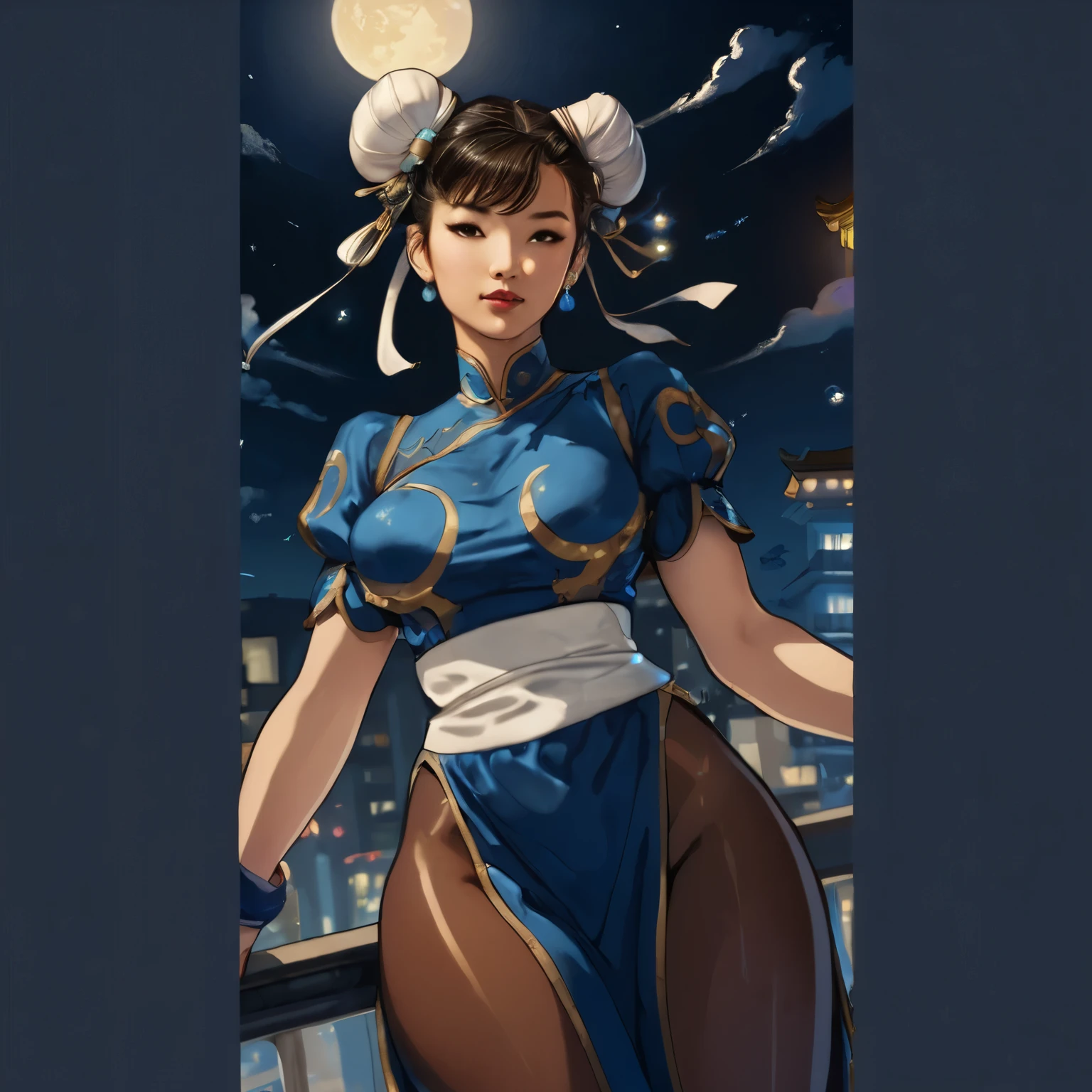a woman in a blue dress standing on a balcony at night, portrait of chun - li, portrait of chun li, chun-li, chun - li, chun li, chun li at the gym, extremely detailed artgerm, inspired by Leng Mei, style artgerm, artgerm and atey ghailan, inspired by Pu Hua