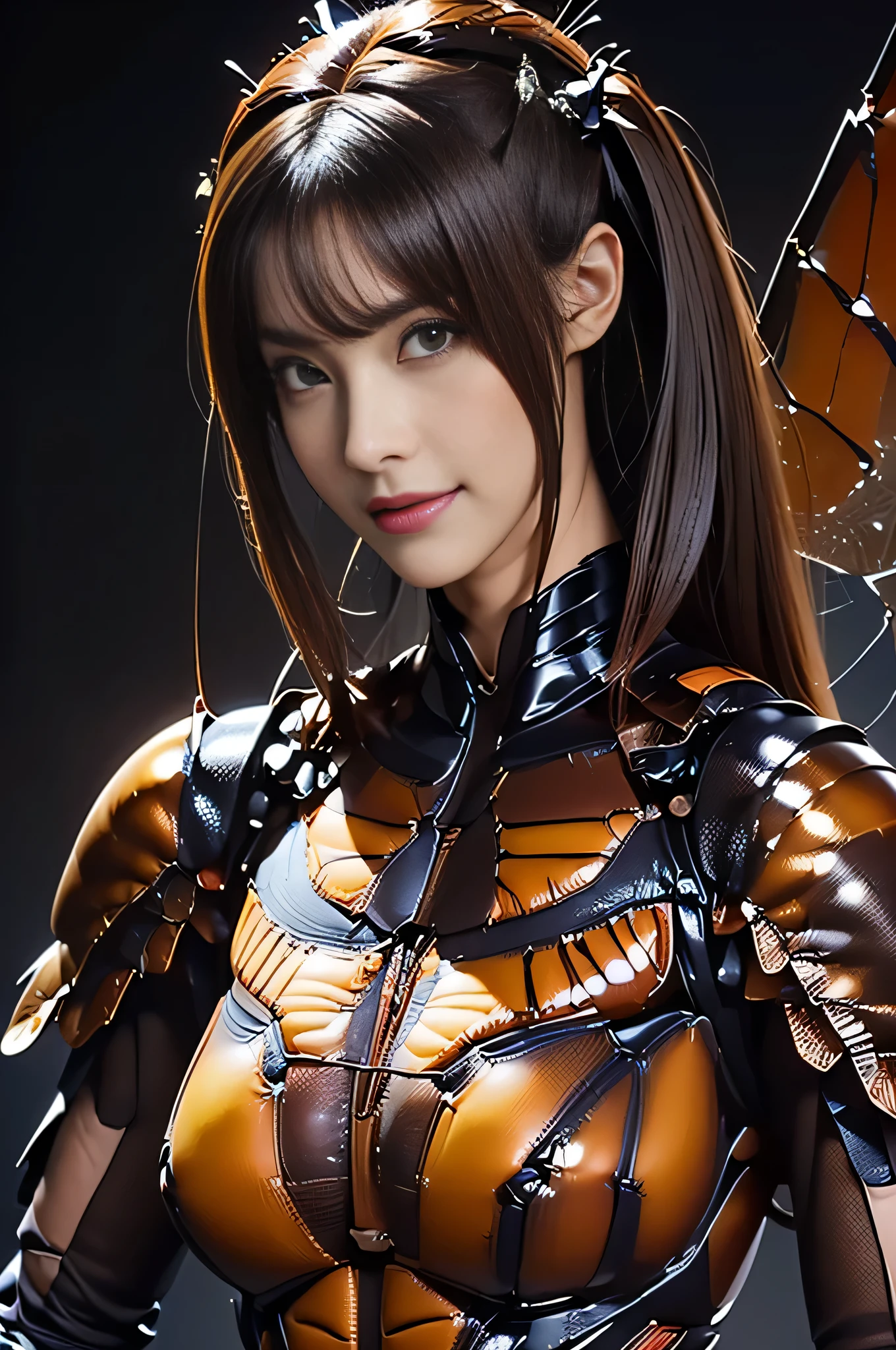 (high resolution,masterpiece,best quality,extremely detailed CG, anime, official art:1.4), realistic, photo, amazing fine details, all intricate, gloss and shiny,awesome many layers, 8k wall paper, 3d, sketch, kawaii, illustration,( solo:1.4), perfect female proportion,villainess, (fusion of dark brown cockroach and lady:1.4), (brown cockroach form lady:1.2), (brown cockroach lady:1.2), (fusion:1.2), (solo:1.4), (evil smile:1.2), muscular, abs, (cockroach brown exoskeleton bio insect suit:1.4), (cockroach brown exoskeleton bio insect armor:1.2), (brown transparency cockroach wing:1.4), (brown cockroach antennae:1.3),
