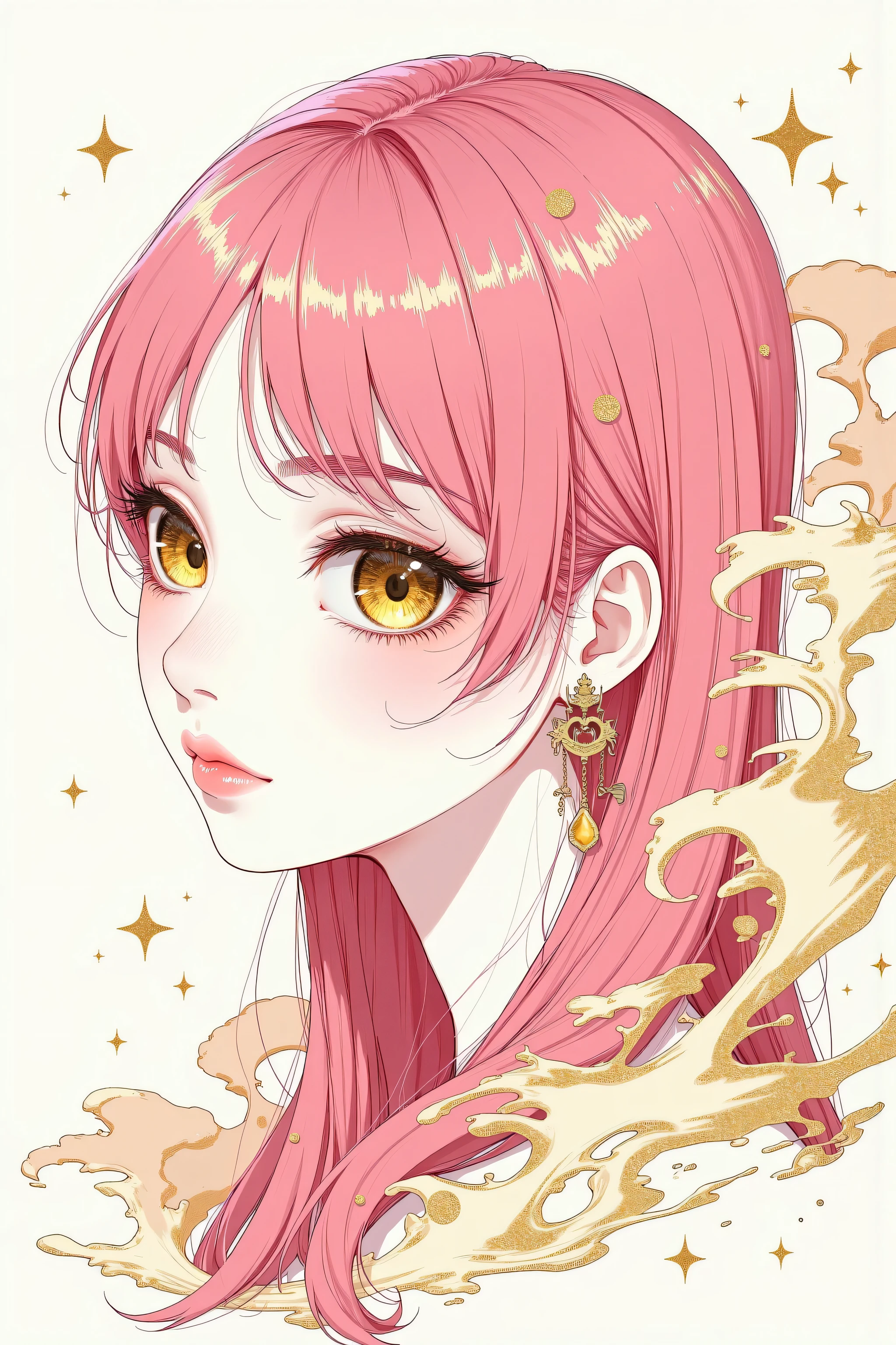 (White background:1.4),(Girl&#39;s head silhouette, detailed gold eyes, Long colored hair, Oriental elements)，(Chinese illustration:1.3，Paper Art:1.3, キルティングPaper Art:1.2),( Streamlined Design, Clear lines, High sharpness,Better Quality, Very detailed, Master Parts, Film Light Effect, 4K ) Illustration design, porcelain doll skin, beautiful detailed eyes, beautiful detailed lips, extremely detailed gold eyes and face, long eyelashes, upper body, from side, looking at viewer, (fractal art:1.3), (pink hair:1.2), water, liquid, cloud, colorful, starry, stars, (best quality, 4k, 8k, highres, masterpiece:1.2), ultra-detailed, (realistic, photorealistic, photo-realistic:1.37), vibrant colors, studio lighting, extremely detailed description, professional, concept art, surreal, 1920s french vibe, monochromatic gold and pink palette, in the style of french illustrator moebius, gold elements,