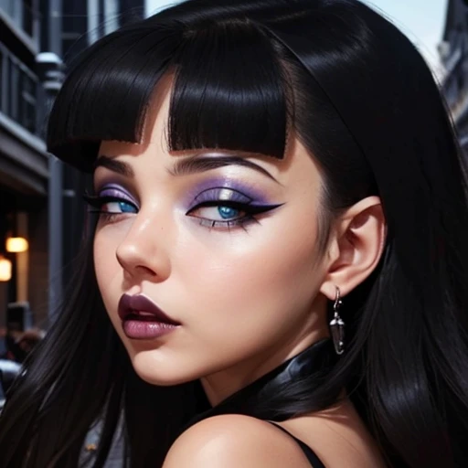  Masterpiece,  high quality graphics ,  goth girl , sexy,  busty ,  gothic makeup, full lips, upturned nose, Belleza extraordinaria, BLUE EYES BLACK HAIR, perfect detailed 12k,  wallpaper 