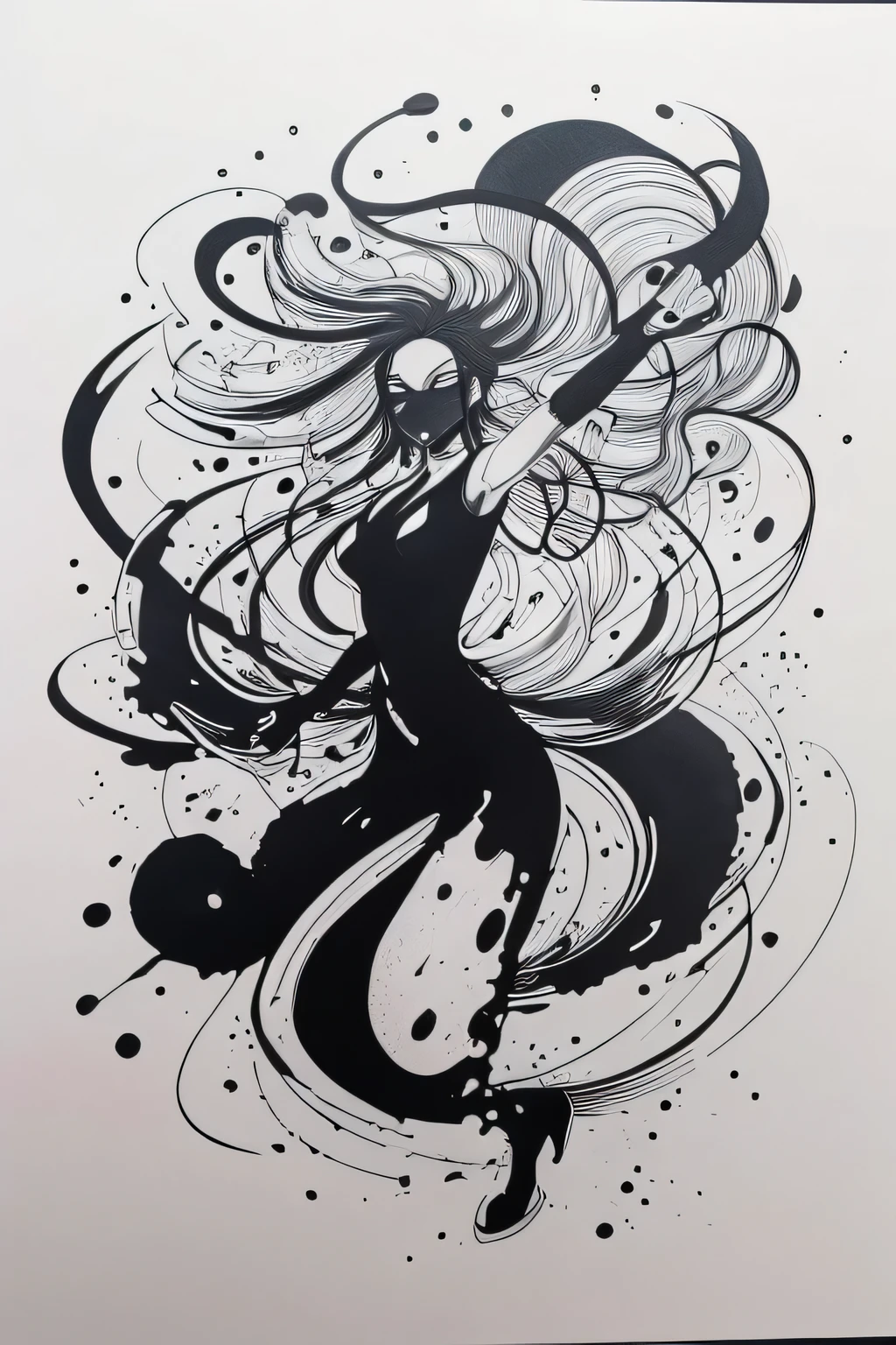 (ink art, ink illustration, ink, rough:1.4), 1girl, solo, (flowing lines),fighting stance, floating, flowing hair, hair flowing into ink, swirling ink, highly detailed white background, monochromatic, ((abstract)) 