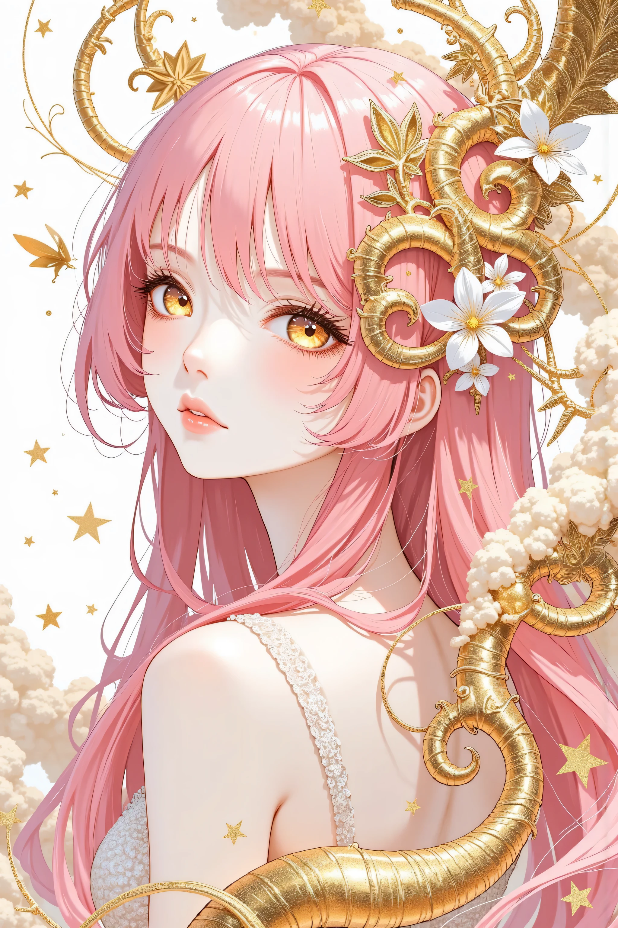 (White background:1.4),(Girl&#39;s head silhouette, detailed gold eyes, Long colored hair, Oriental elements)，(Chinese illustration:1.3，Paper Art:1.3, キルティングPaper Art:1.2),( Streamlined Design, Clear lines, High sharpness,Better Quality, Very detailed, Master Parts, Film Light Effect, 4K ) Illustration design, porcelain doll skin, beautiful detailed eyes, beautiful detailed lips, extremely detailed gold eyes and face, long eyelashes, upper body, from side, looking at viewer, (fractal art:1.3), (pink hair:1.2), water, liquid, cloud, colorful, starry, stars, (best quality, 4k, 8k, highres, masterpiece:1.2), ultra-detailed, (realistic, photorealistic, photo-realistic:1.37), vibrant colors, studio lighting, extremely detailed description, professional, concept art, surreal, 1920s french vibe, monochromatic gold and pink palette, in the style of french illustrator moebius, gold elements,