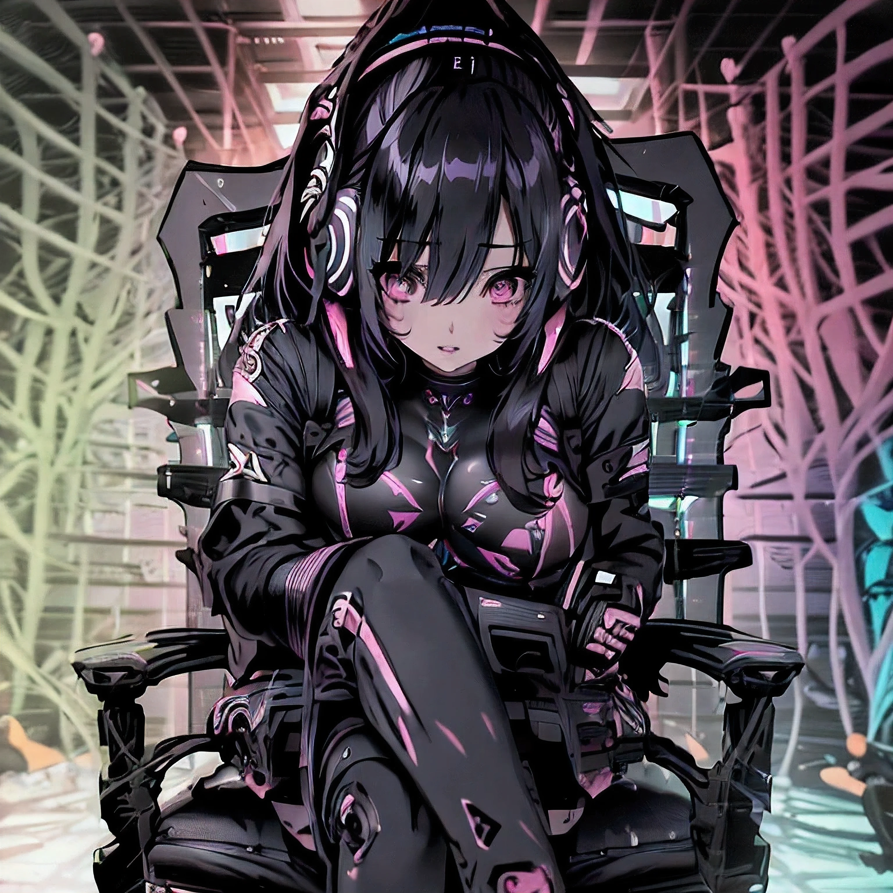 Anime girl , ((( gamer girl ))) , sexy body , nice realistic lips , cute eyes , looking towards me , A RGB black headphone , medium breast size , sitting on a pink gaming chair , Written Demon Editz behind head , well detailed , oil painting , colored eyes , 4k eyes , ((( ultra high resolution ))) , --V6 