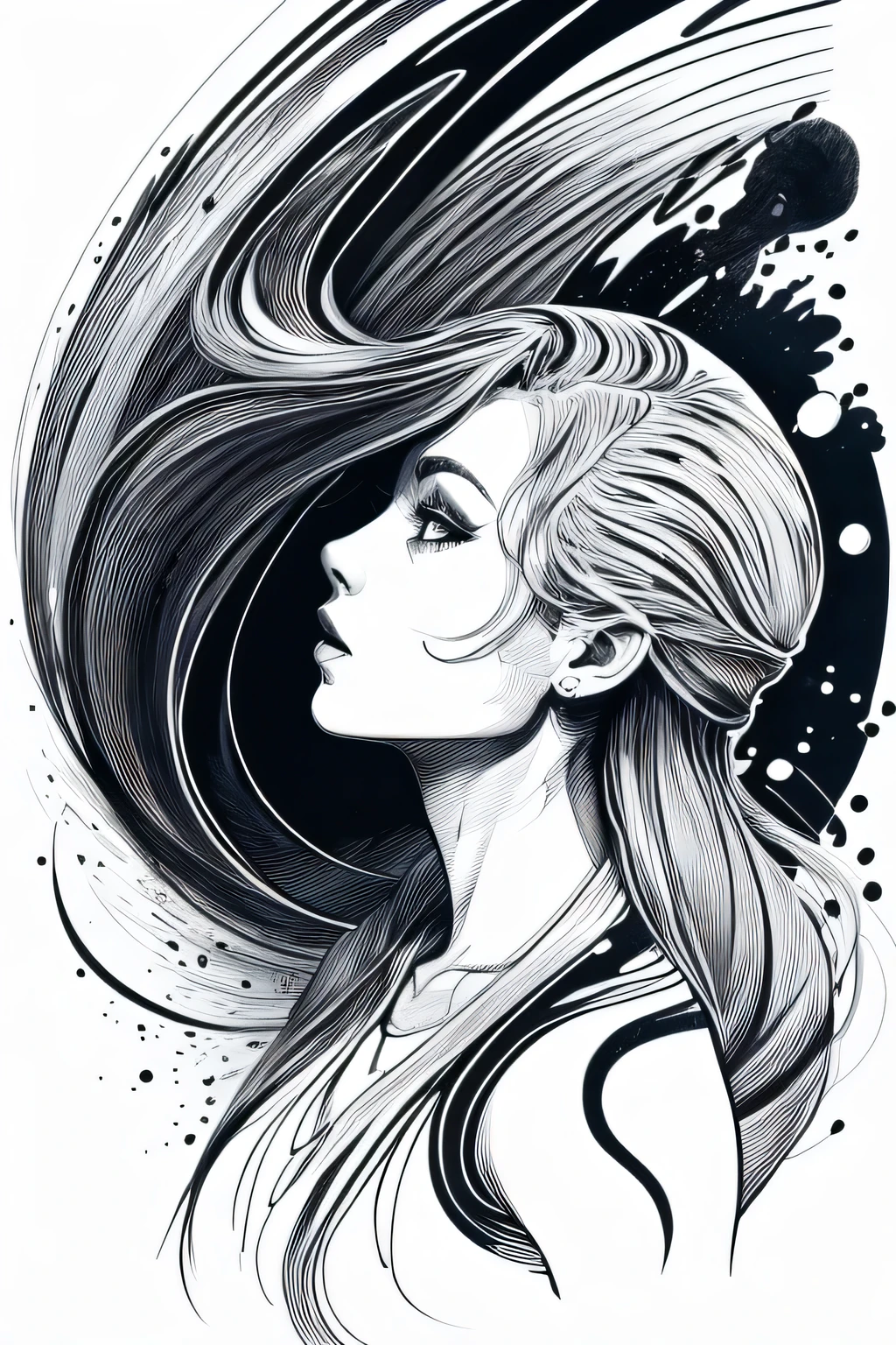 (ink art, ink illustration, ink, rough:1.4), 1girl, solo, (flowing lines),fighting stance, floating, flowing hair, hair flowing into ink, swirling ink, highly detailed white background, monochromatic, ((abstract)) 